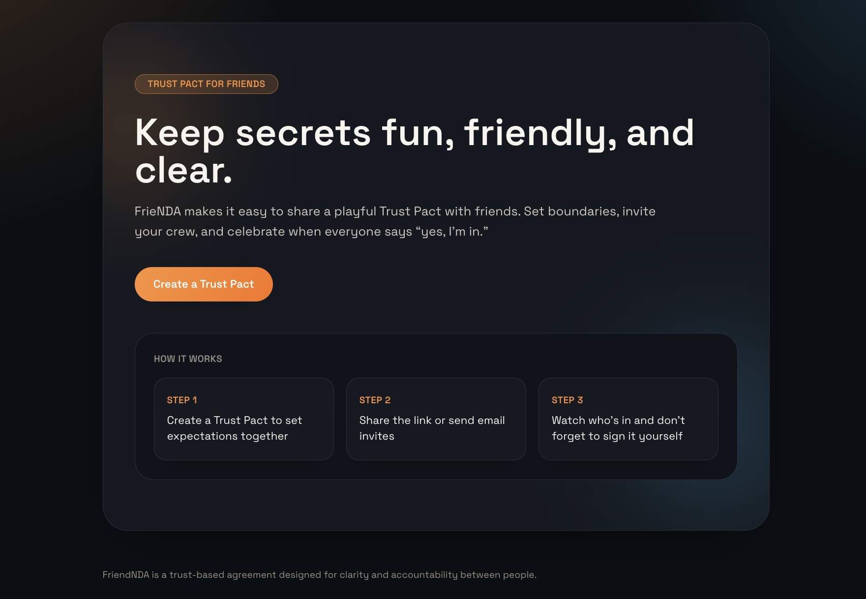 FriendNDA - Main product screenshot demonstrating key features and user interface