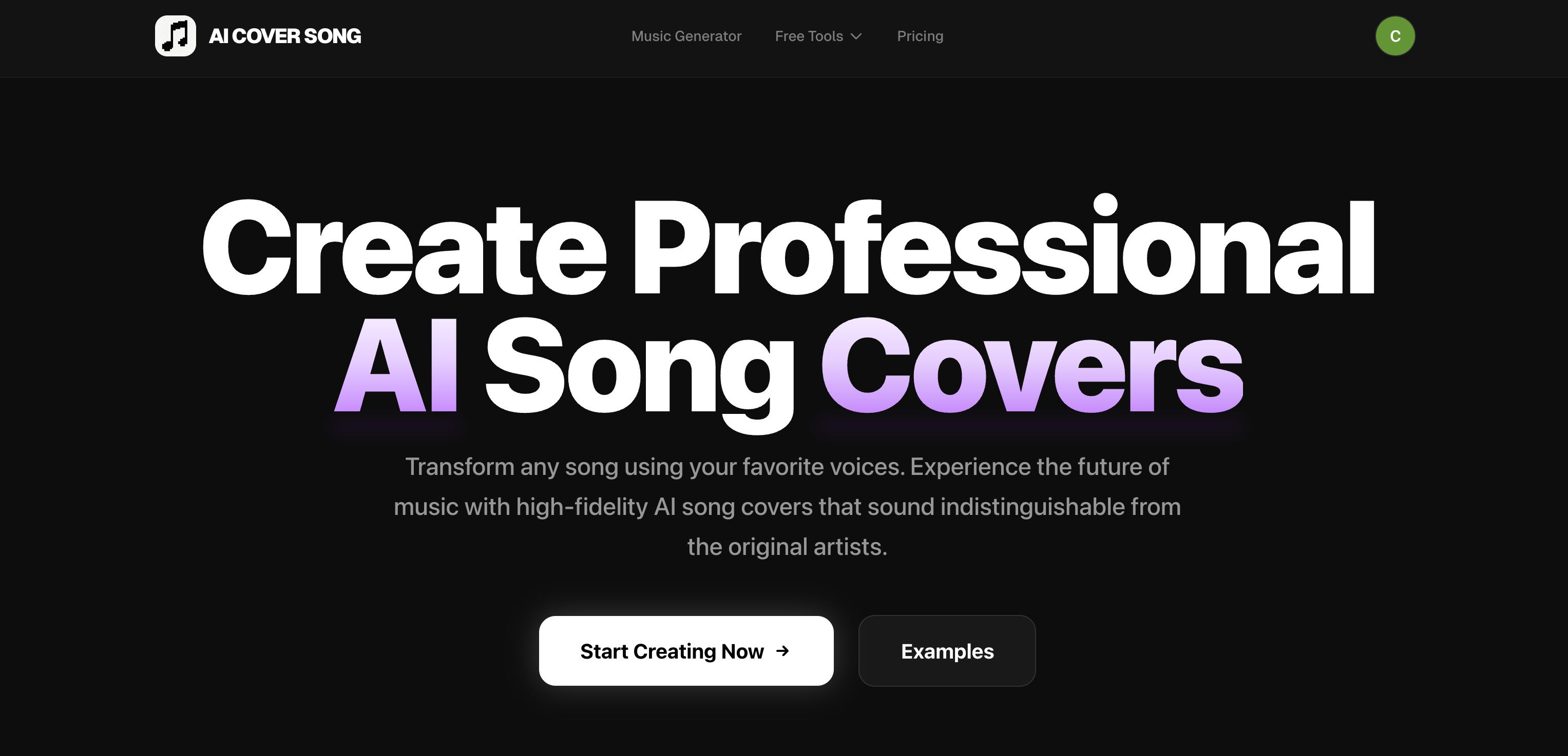 AI Song Cover Generator - Main product screenshot demonstrating key features and user interface