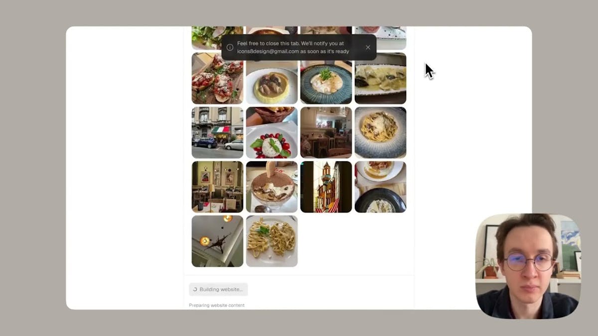 Brila interface showing a one-page website layout populated with Google Maps review quotes and business details