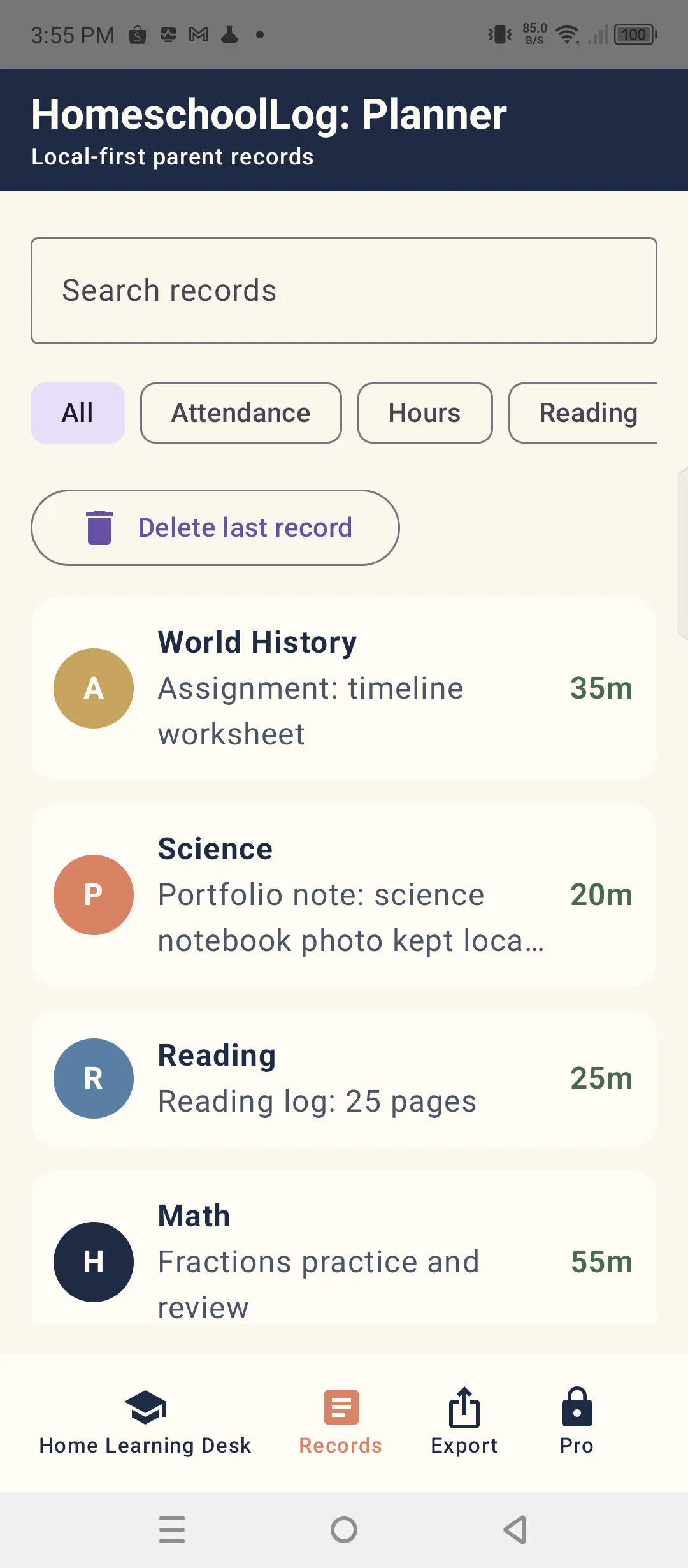 HomeschoolLog: Planner screenshot
