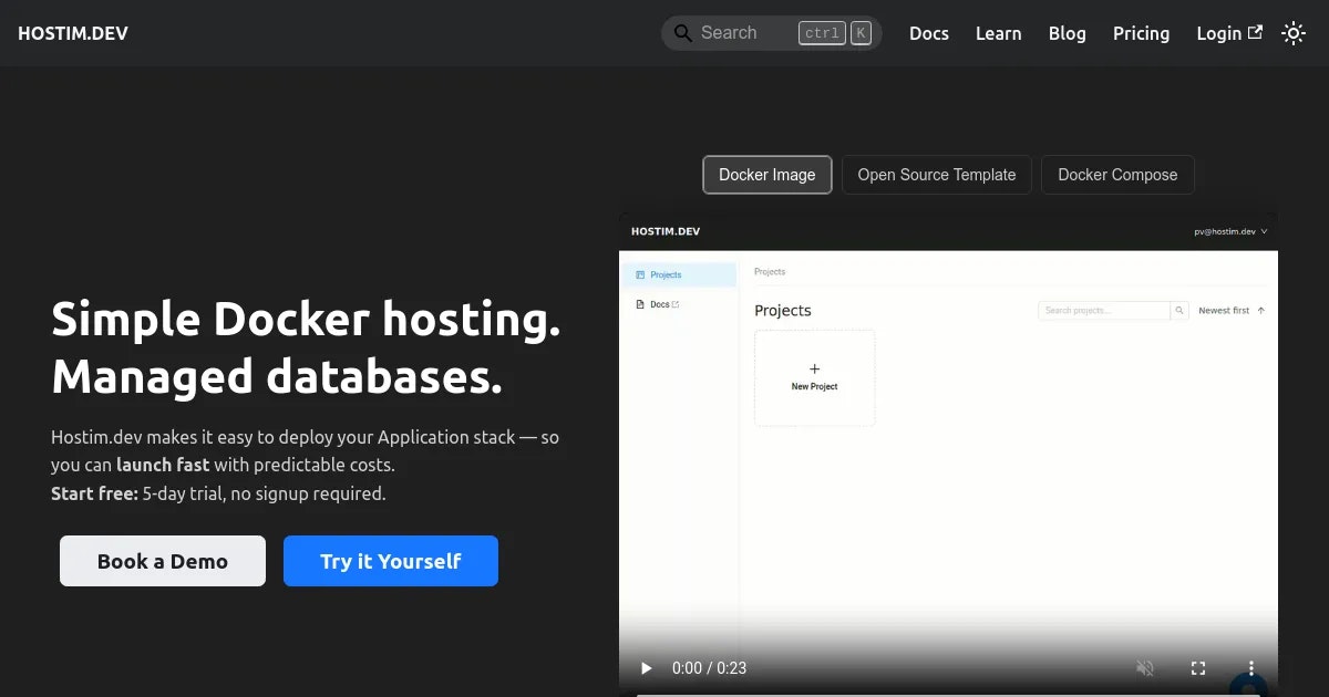 Hostim.dev - Main product screenshot demonstrating key features and user interface