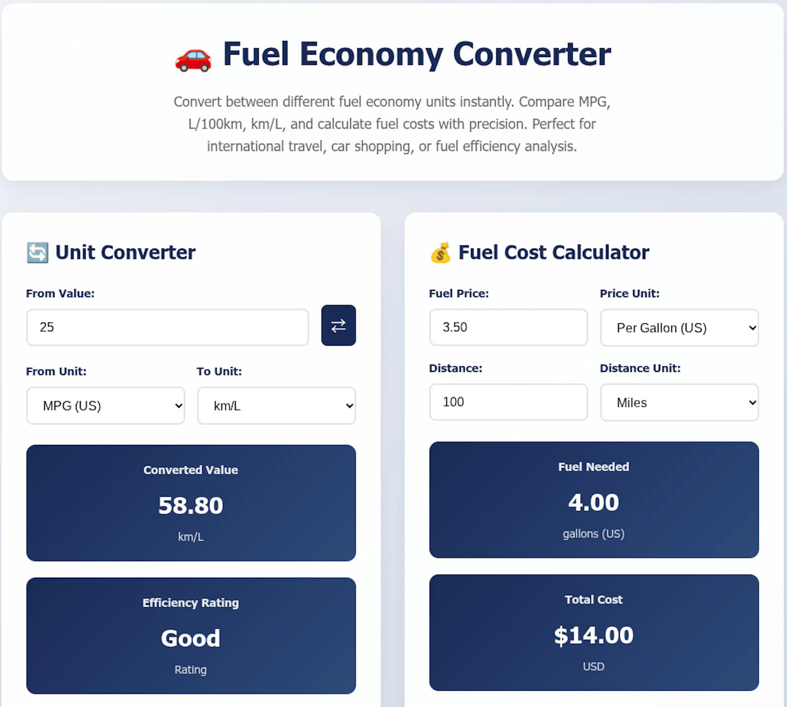 FreeWWW Fuel Economy Converter screenshot 1