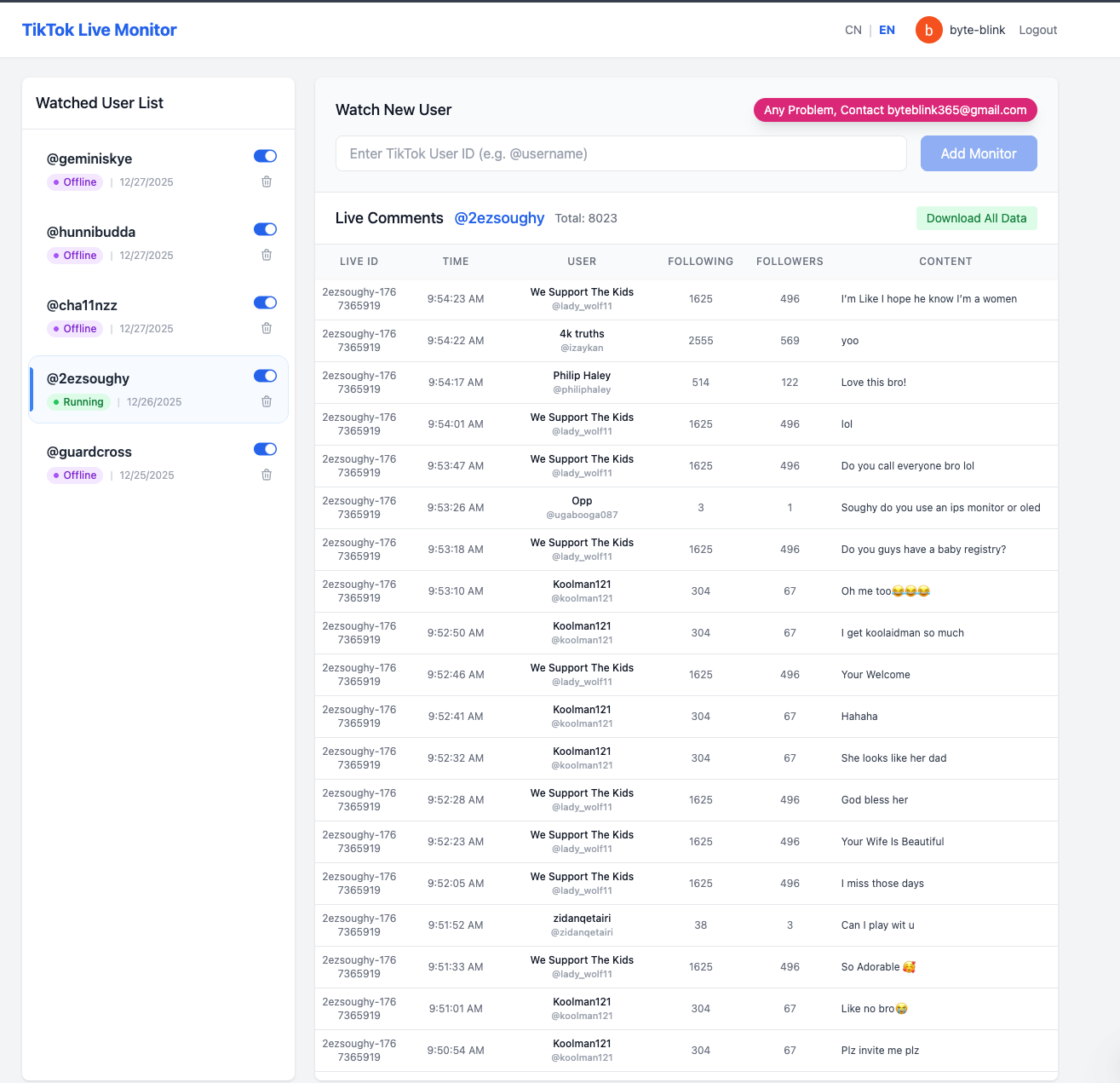 TikTok Live Comment Monitor - Main product screenshot demonstrating key features and user interface