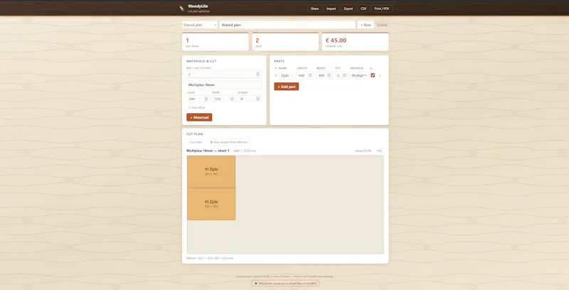 WoodyLite — cut plan optimizer screenshot 3