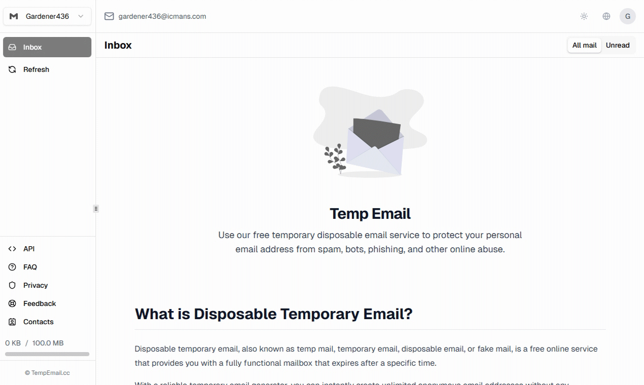 TempEmail.cc - Main product screenshot demonstrating key features and user interface