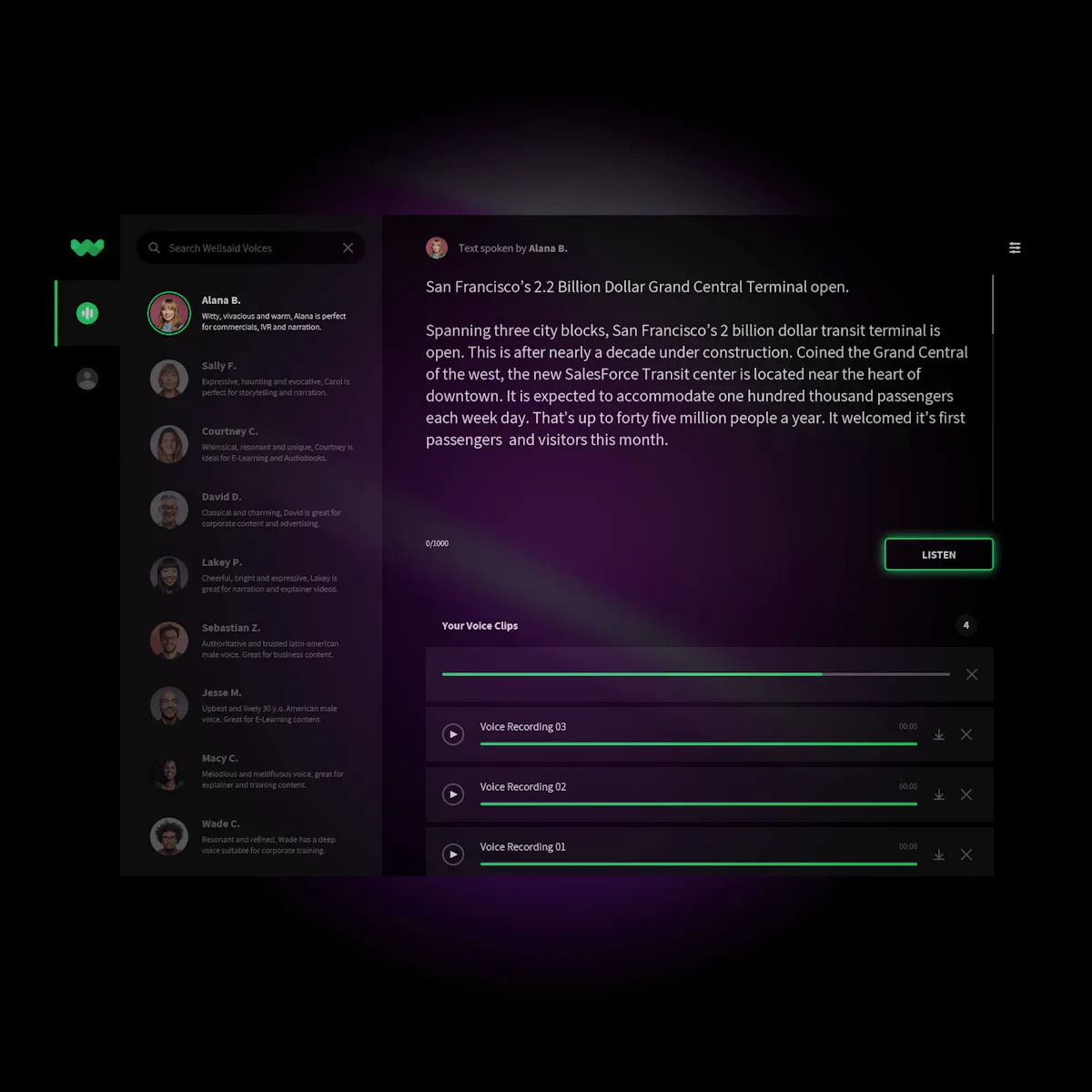 WellSaid Labs voice avatar interface for enterprise voiceover production