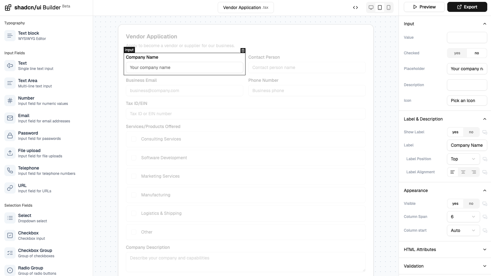 Mídia 1 de Construa SHADCN/UI Forms Seconds - Um construtor de formulários gratuito para componentes Shadcn/UI.