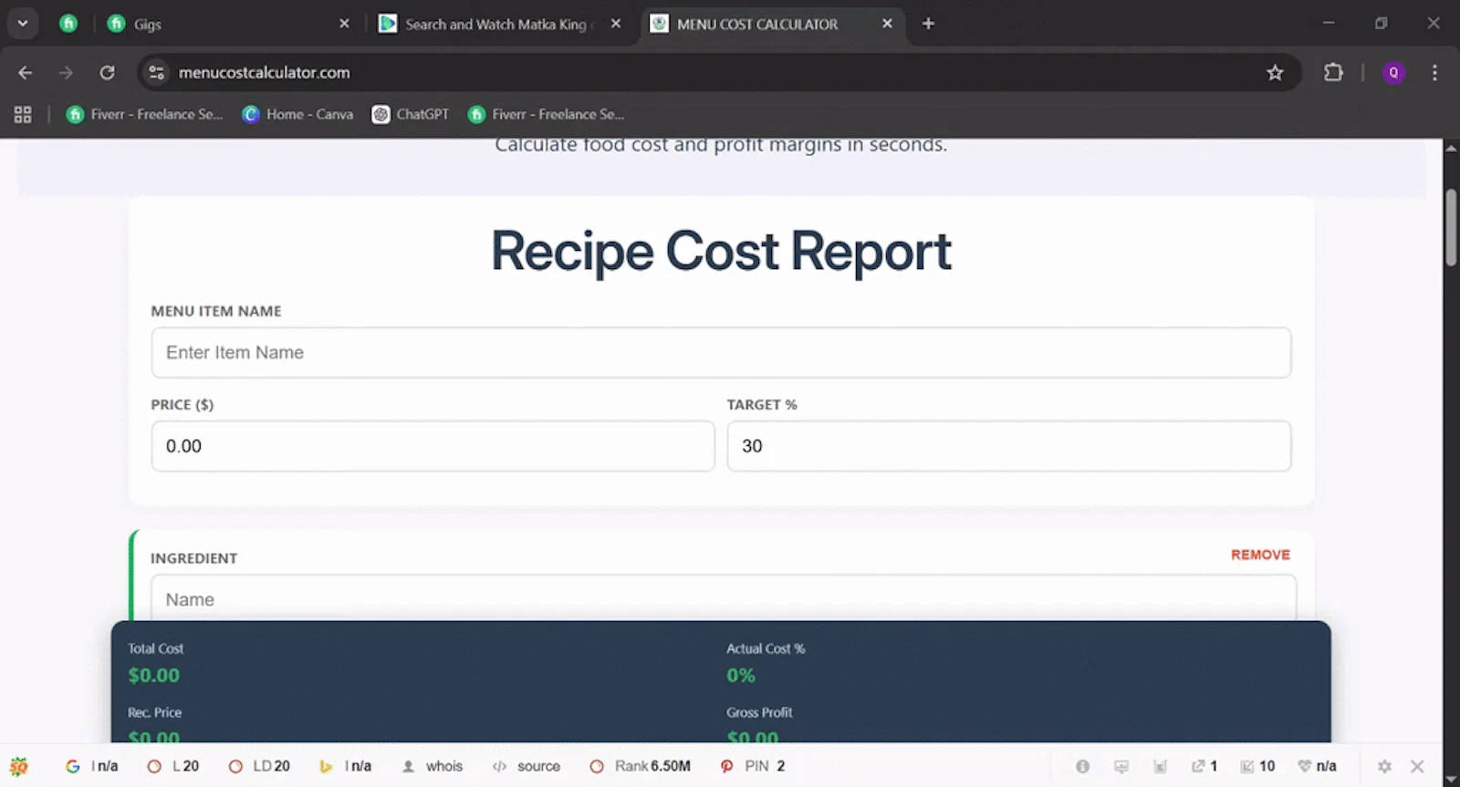 Menu Cost Calculator screenshot 1 (video preview)