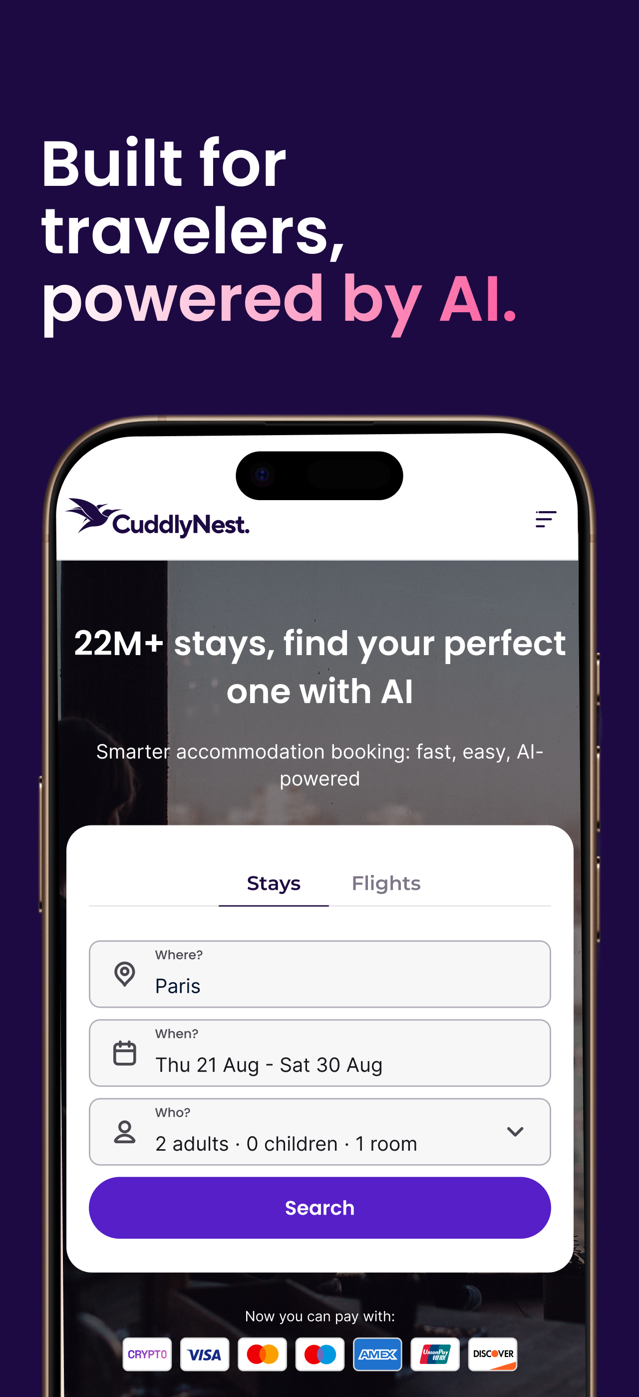 Cuddlynest |22 m soggiorni.Cripto o carta. - Costruito dai viaggiatori, per i viaggiatori.Alimentato dall'IA. media 1