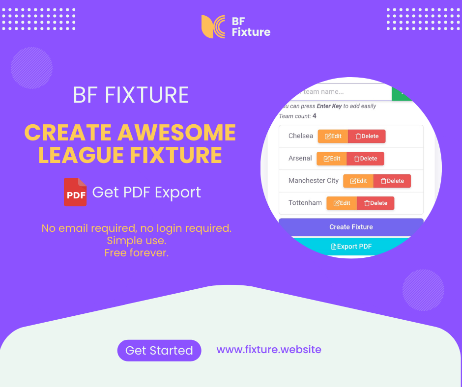 Fixture.website - Создать потрясающие приспособления лиги и получить экспорт в качестве файла PDF медиа 1