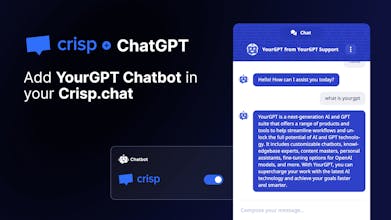 Chrisp チャット プラットフォームでの顧客対話の強化やクエリの効率的な処理など、ChatGPT と YourGPT AI Bot の統合の利点を強調した図。