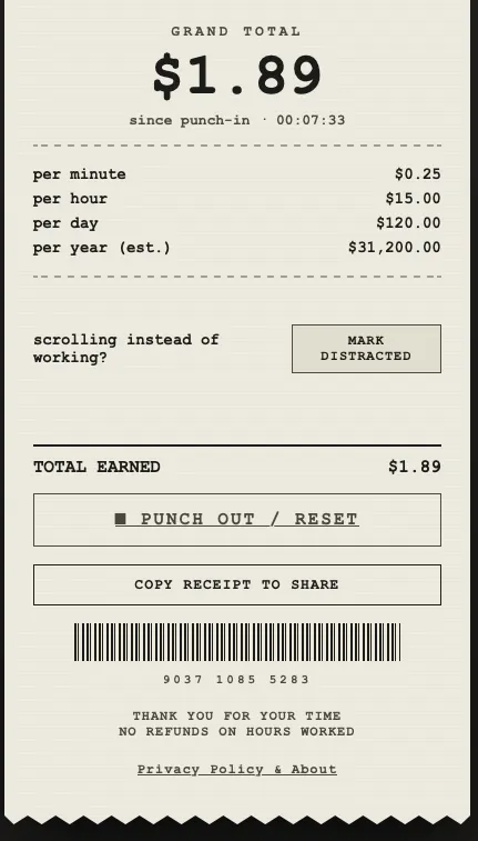 Time & Money Co. — Live Earnings Receipt