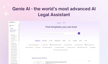 Interfaz Genie AI que muestra plantillas de documentos legales personalizables.