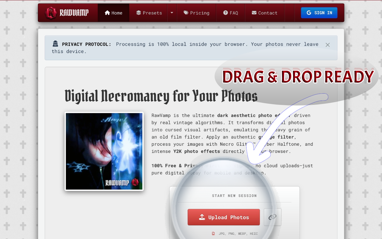 RawVamp: The Dark Aesthetic Photo Editor - Main product screenshot demonstrating key features and user interface