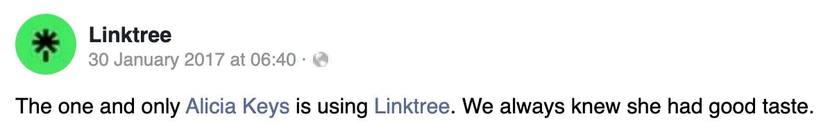 Linktree announcing on FB that Keys’ just joined their platform, back in 2017