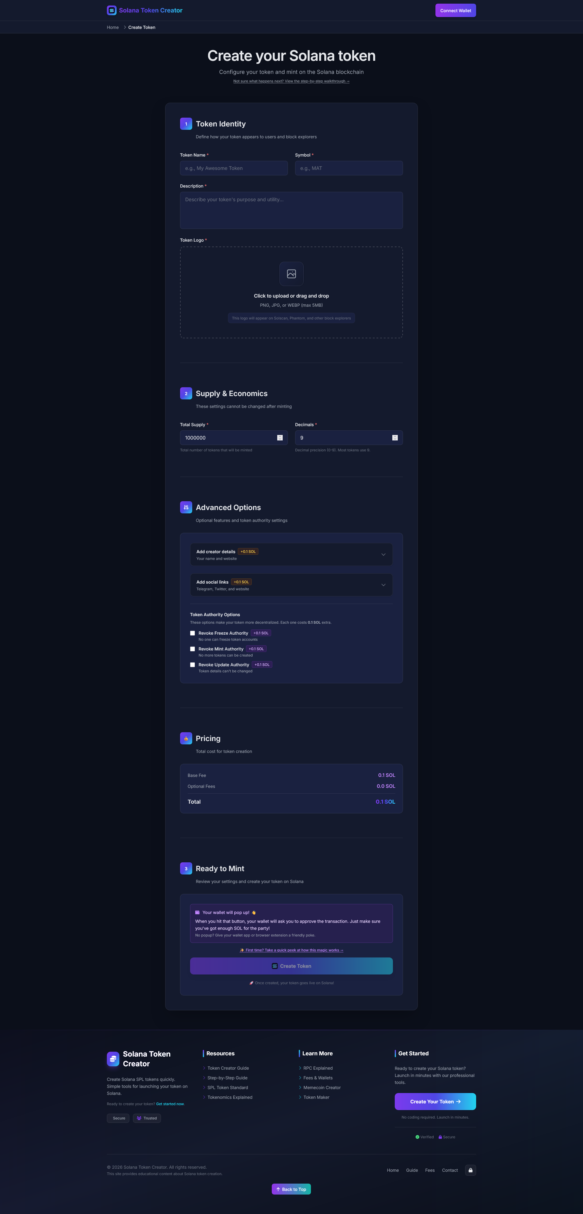 Solana Token Creator - Main product screenshot demonstrating key features and user interface