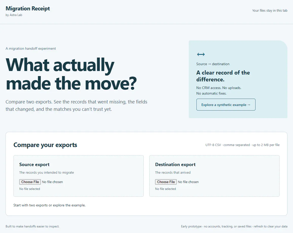 Migration Receipt — compare what arrived gallery image