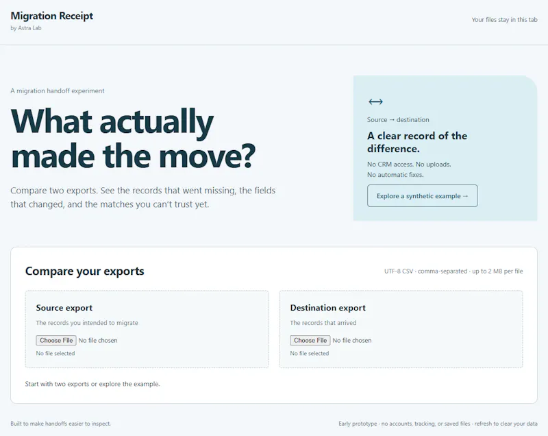 Migration Receipt — compare what arrived screenshot 1