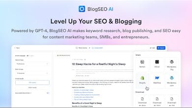 صورة تظهر شعار BlogSEO AI مع النص &ldquo;استمتع بقوة تحسين محركات البحث المتقدمة مع التحديث الأخير لـ BlogSEO AI&rdquo;