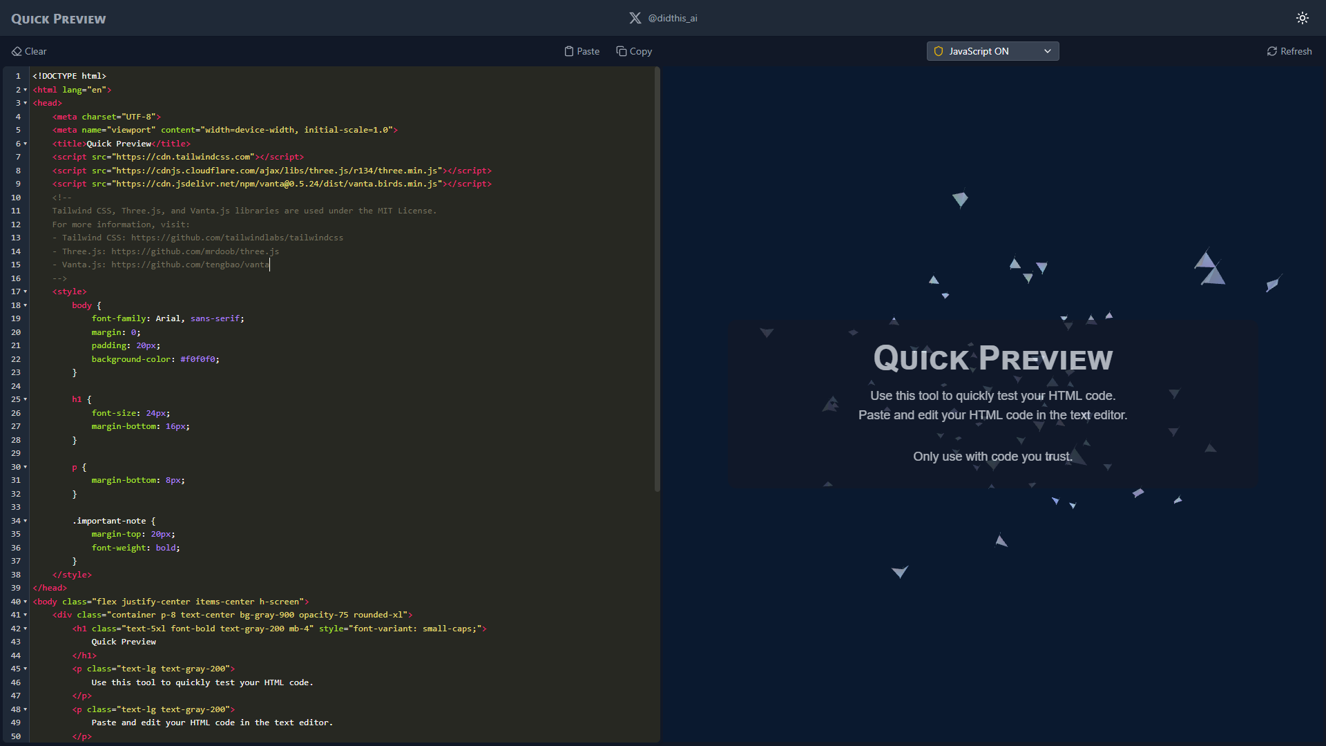 startuptile Quick Preview-Copy/paste and test your HTML code in real-time.