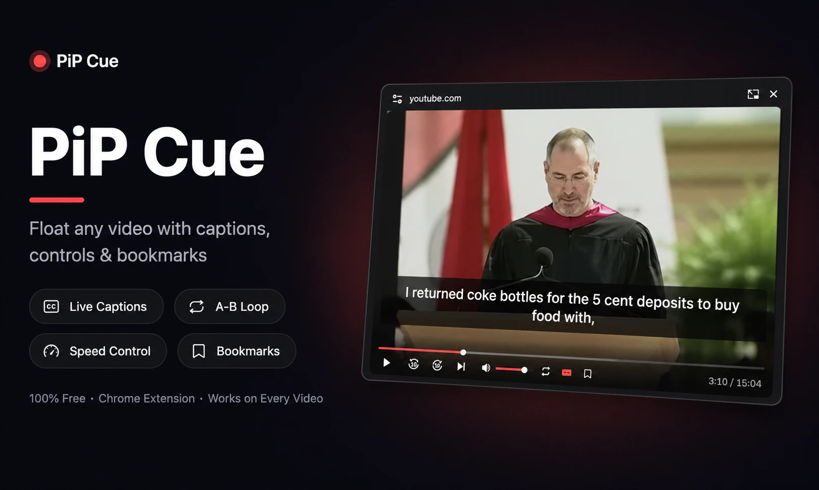startuptile PiP Cue-PIP video controls and captions for any site