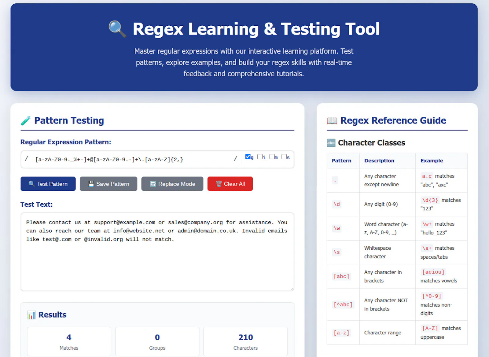 FreeWWW Regex Learning & Testing Tool screenshot 1