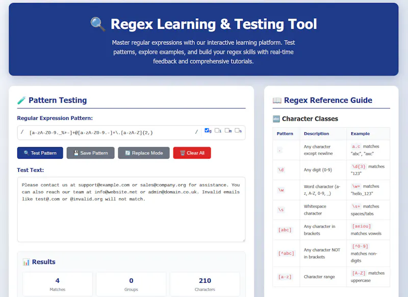 FreeWWW Regex Learning & Testing Tool screenshot 1