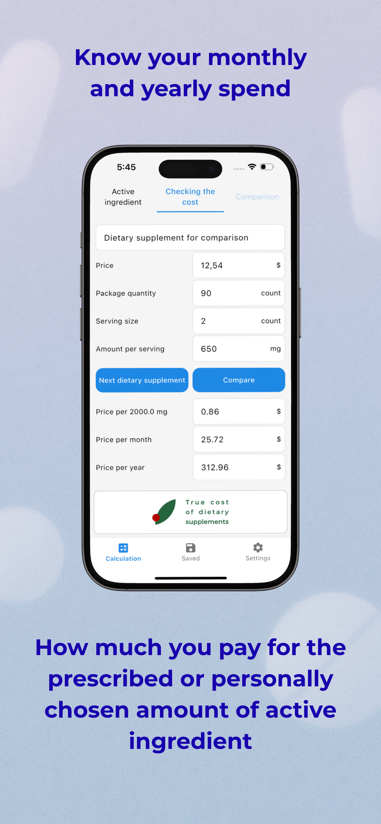 True cost of dietary supplements - Screenshot 2 showing product features and functionality