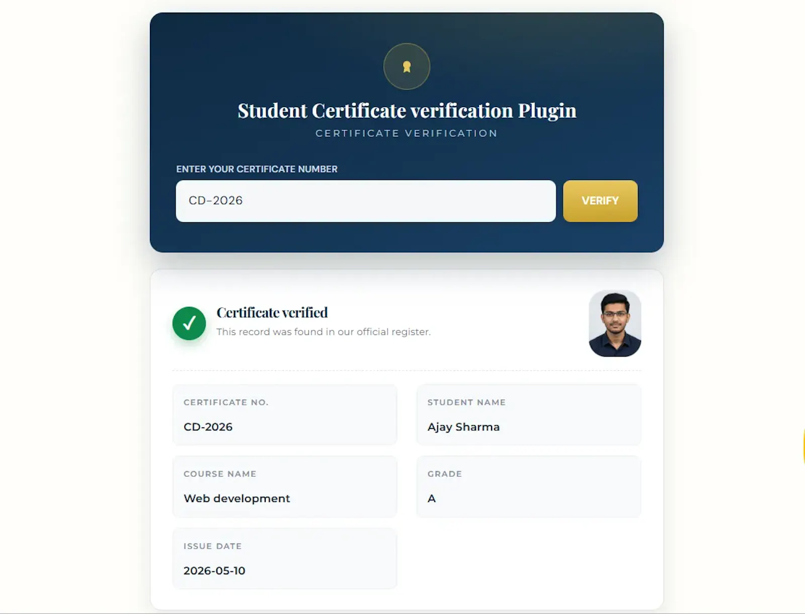 Student Certificate verification Plugin screenshot 1
