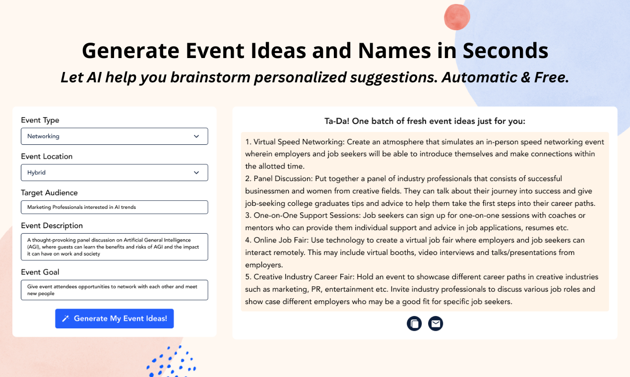 Mídia 2 de Gerador de ideia de evento AI - Brainstorm Idéias novas e personalizadas para qualquer evento em segundos