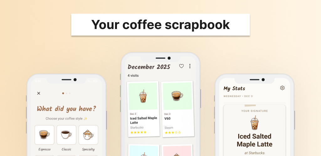 Lattelog: Cafe Journal App - Main product screenshot demonstrating key features and user interface