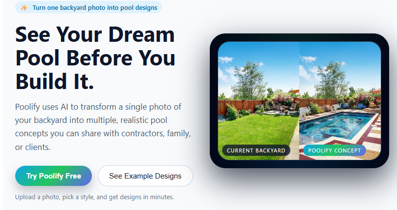Poolify Pool Design Tool for Homeowners - Main product screenshot demonstrating key features and user interface