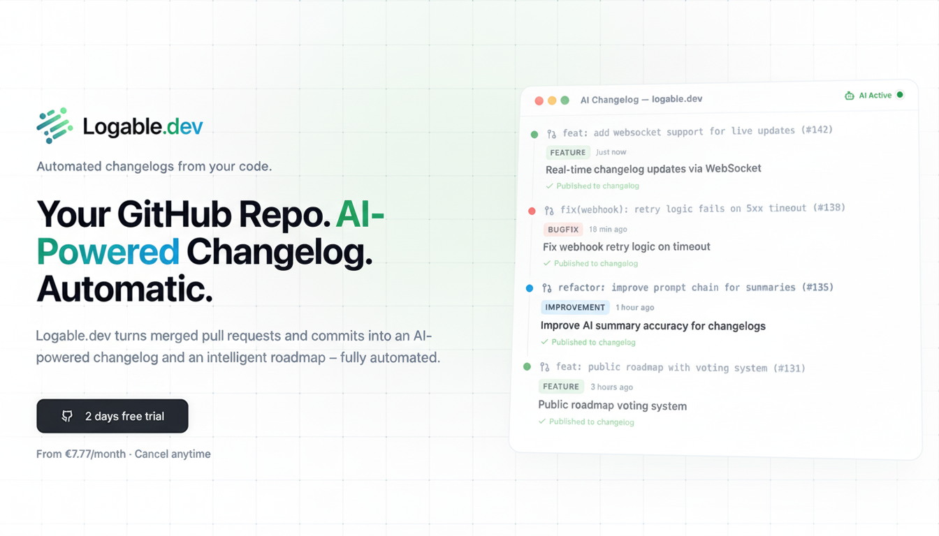 Logable.dev - Main product screenshot demonstrating key features and user interface