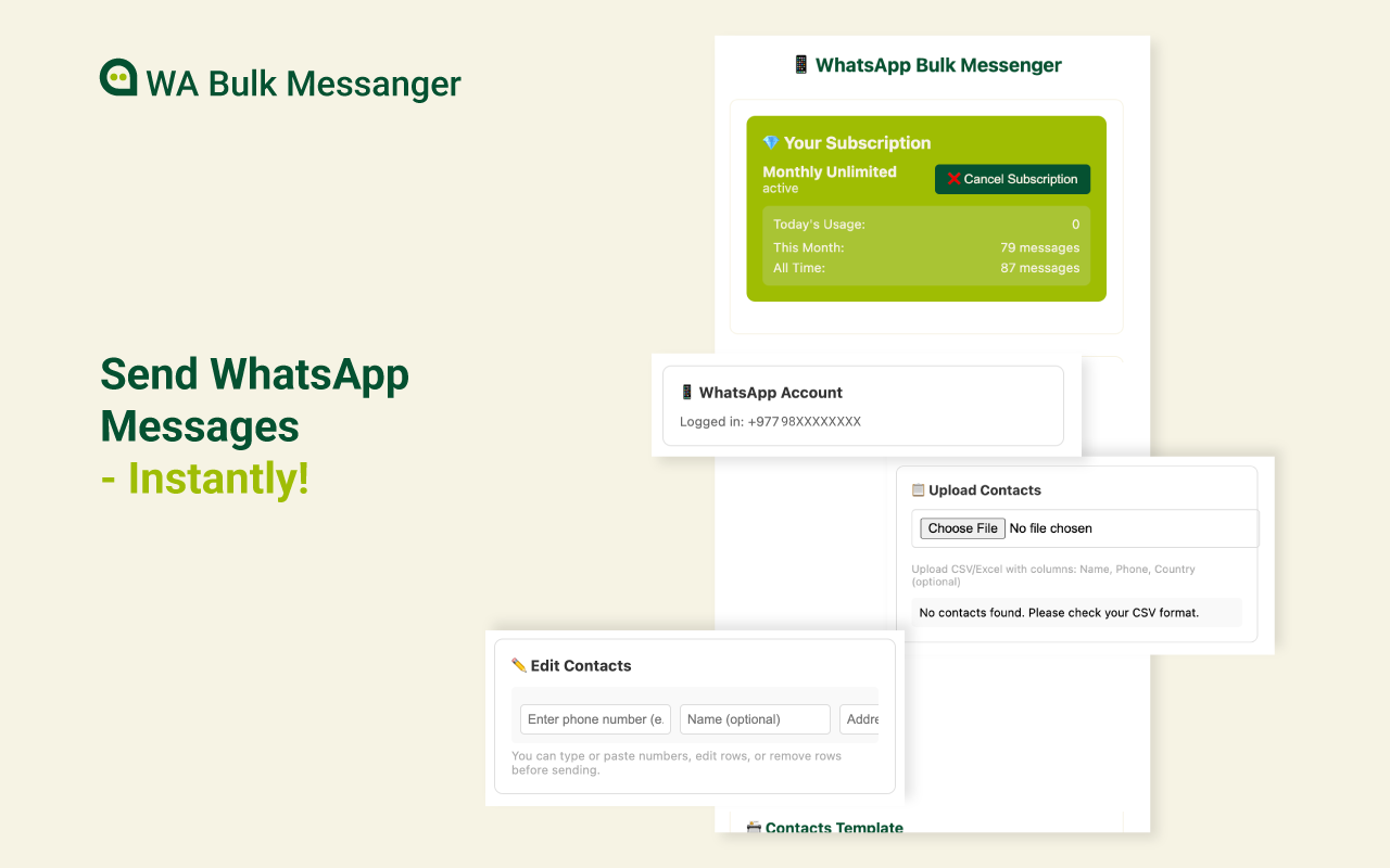 WhatsApp Bulk Messanger - Main product screenshot demonstrating key features and user interface