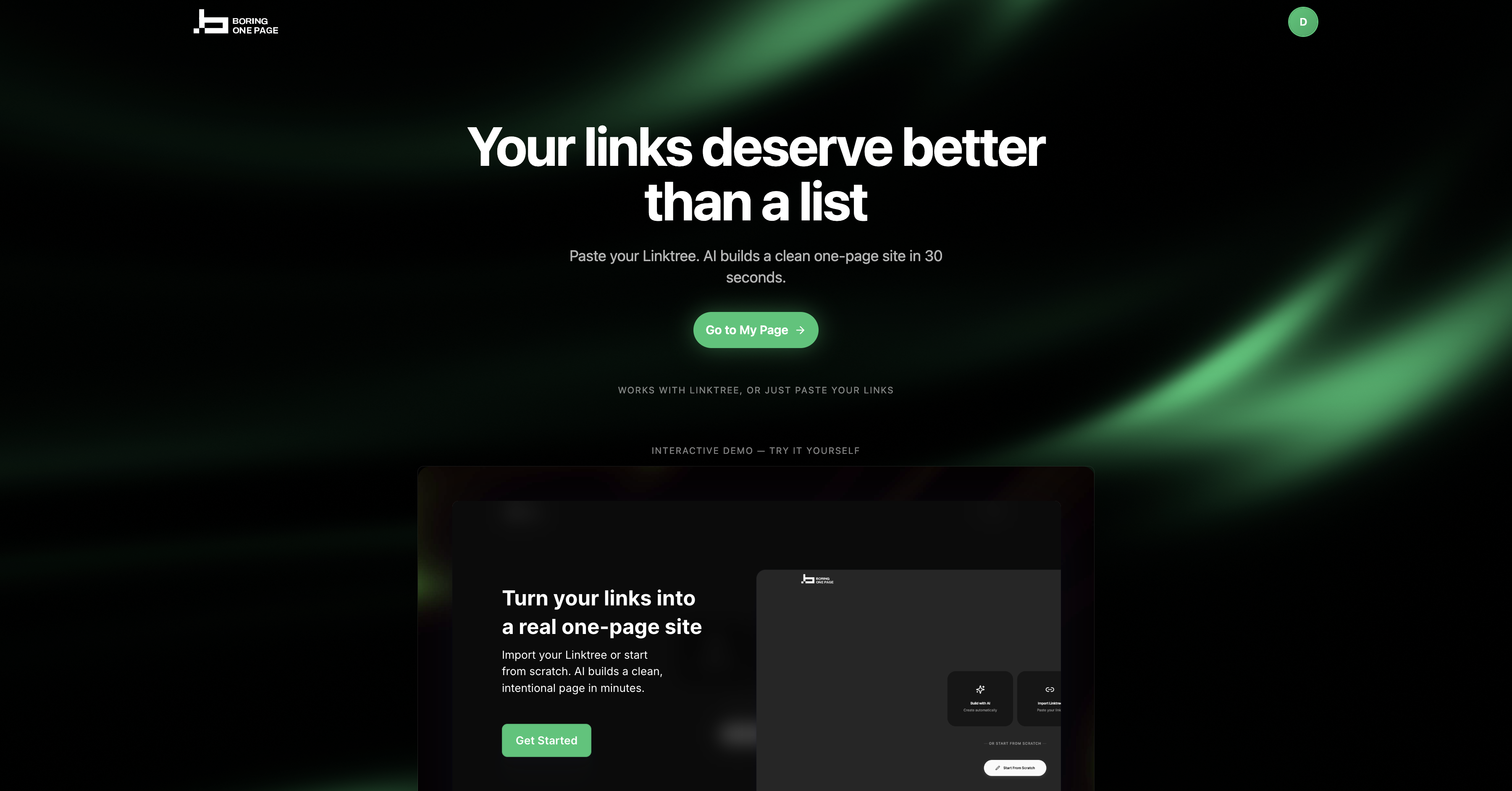 BoringOnePage - Screenshot 3 showing product features and functionality