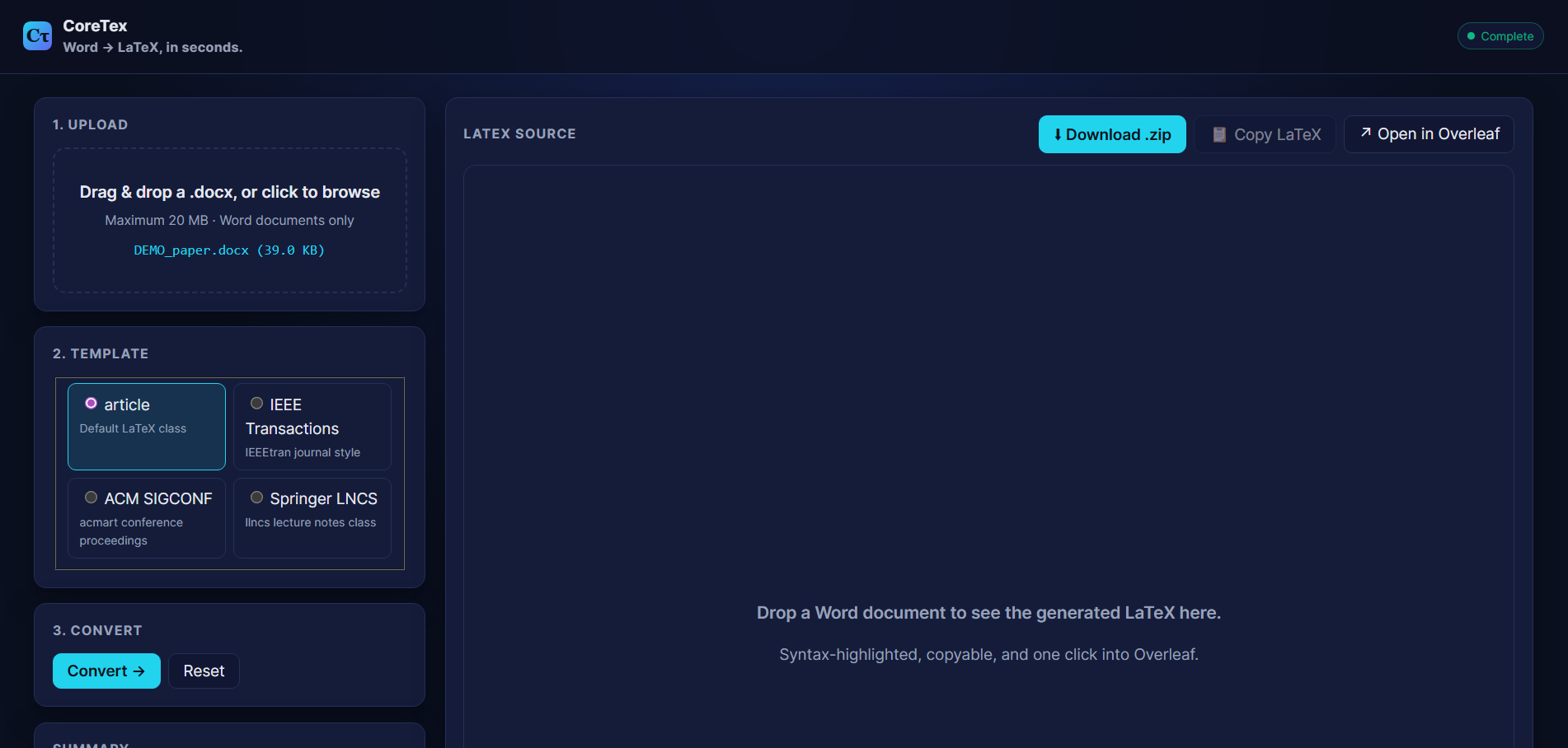 CoreTex · Word → LaTeX gallery image