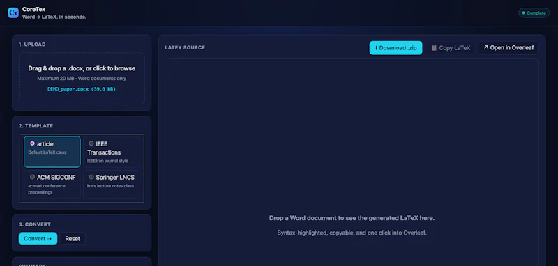 CoreTex · Word → LaTeX screenshot 3