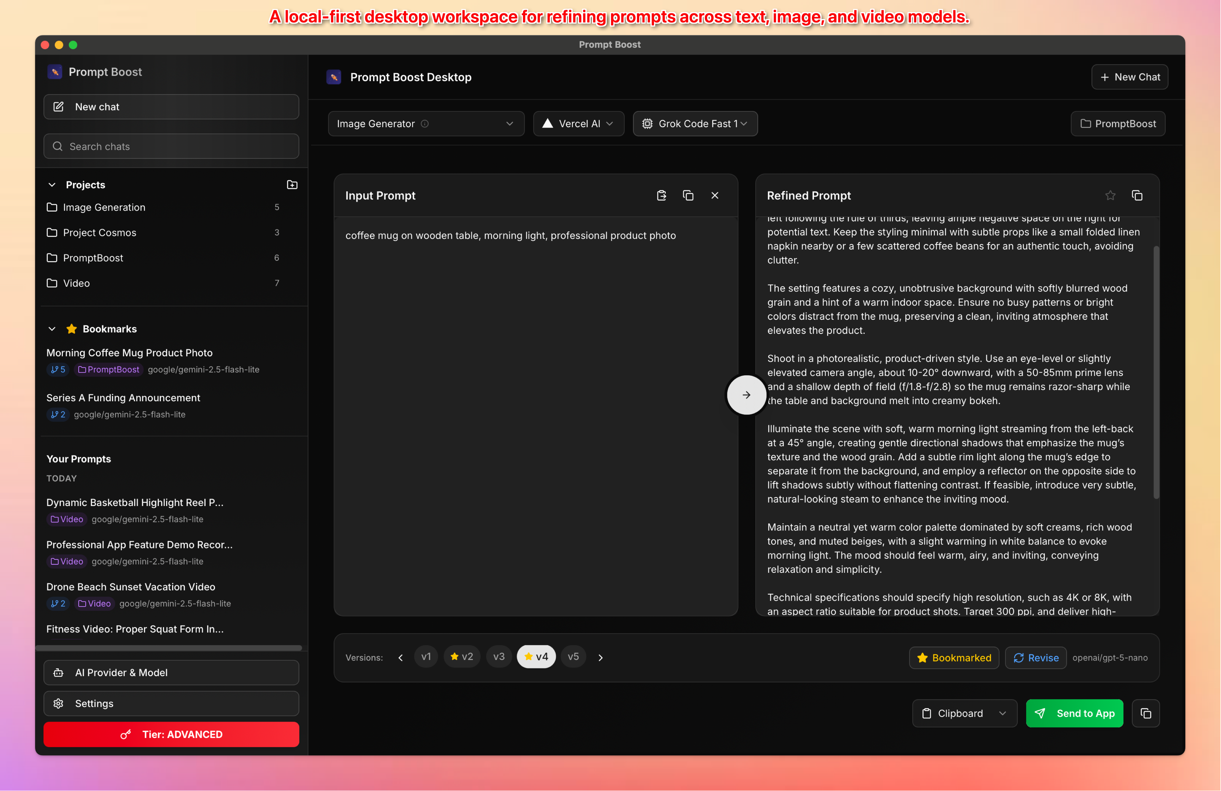 PromptBoost – Stop rewriting AI prompts - Main product screenshot demonstrating key features and user interface