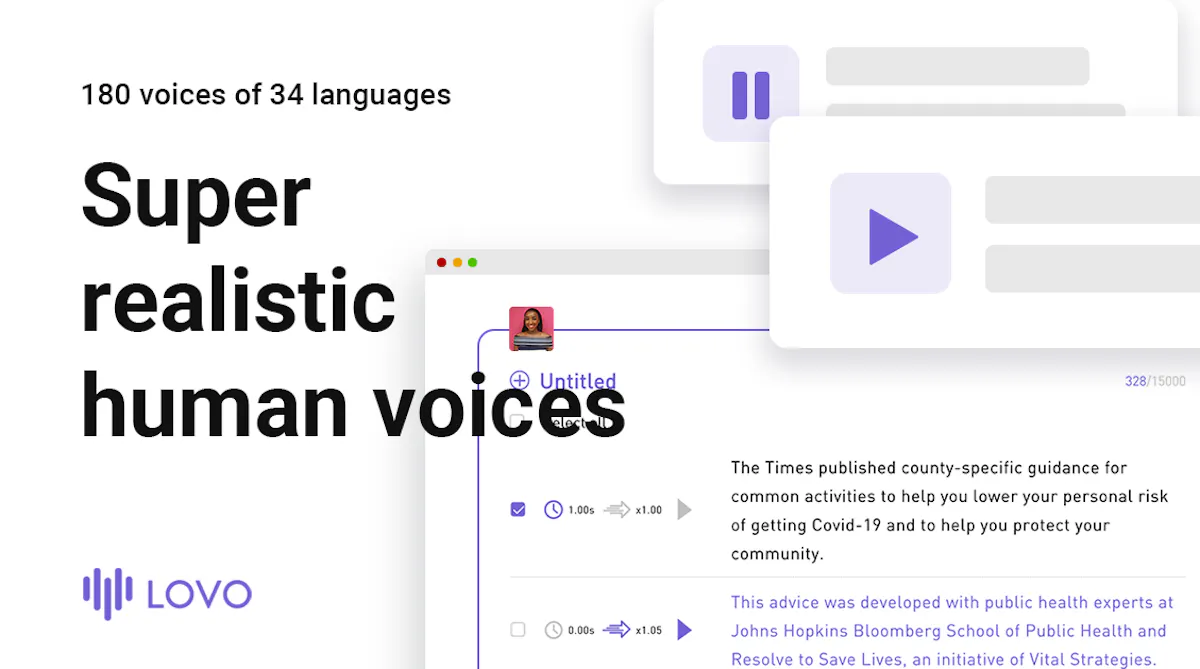 LOVO AI Genny editor showing script-to-video workflow with voice controls
