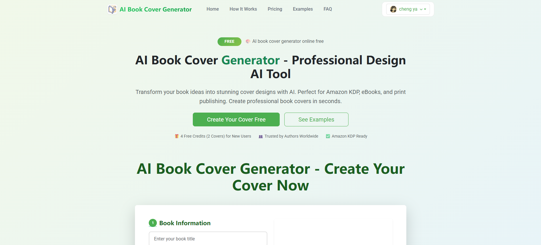 AI Book Cover Generator - Main product screenshot demonstrating key features and user interface