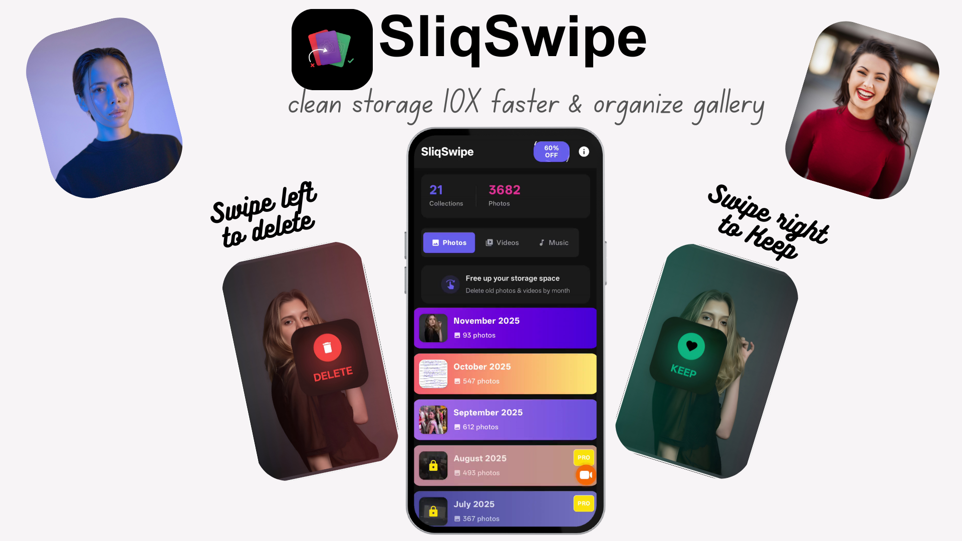 SliqSwipe - Tinder for Storage Issue - Main product screenshot demonstrating key features and user interface