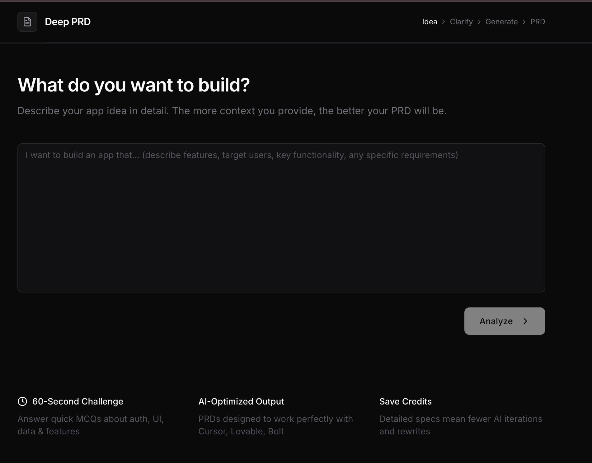 Deep PRD - Main product screenshot demonstrating key features and user interface