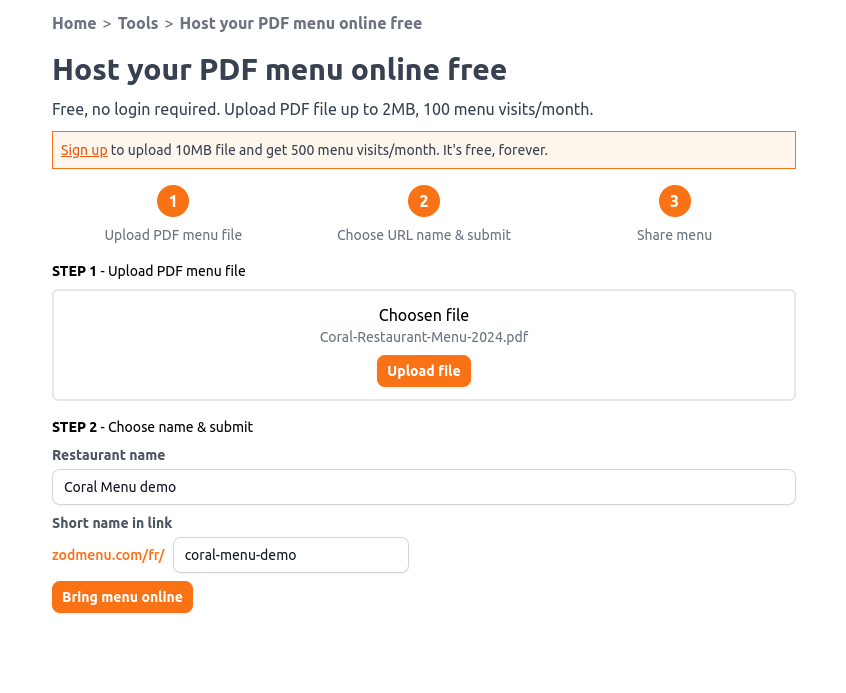 Media Hosting percuma untuk menu pdf - Bawa menu PDF anda dalam talian di bawah 30 saat 2