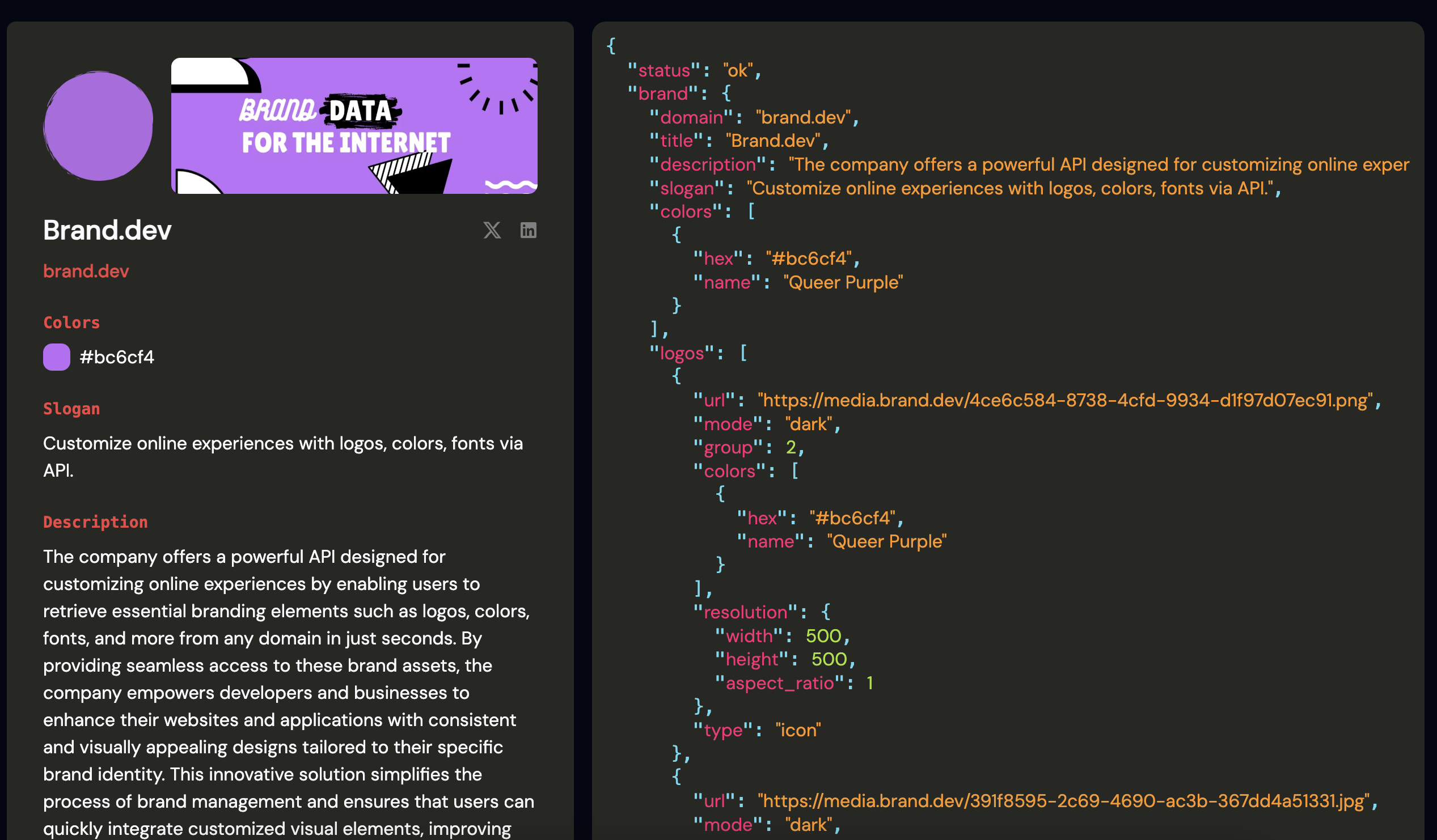 Media Brand.dev |API jenama Internet. - Dapatkan logo nama, warna, penerangan, dan banyak lagi dari domain 2
