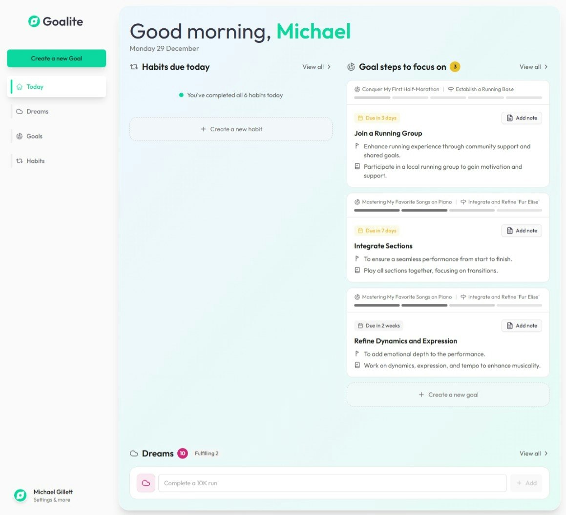 Goalite: Turn "one day" into Day One - Screenshot 2 showing product features and functionality