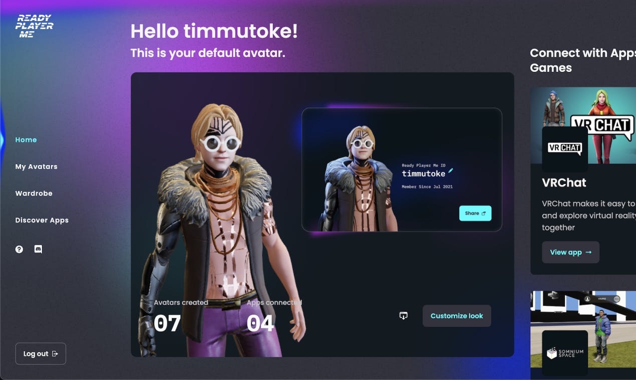 Ready Player Me Hub Crossgame avatar platform for the metaverse with