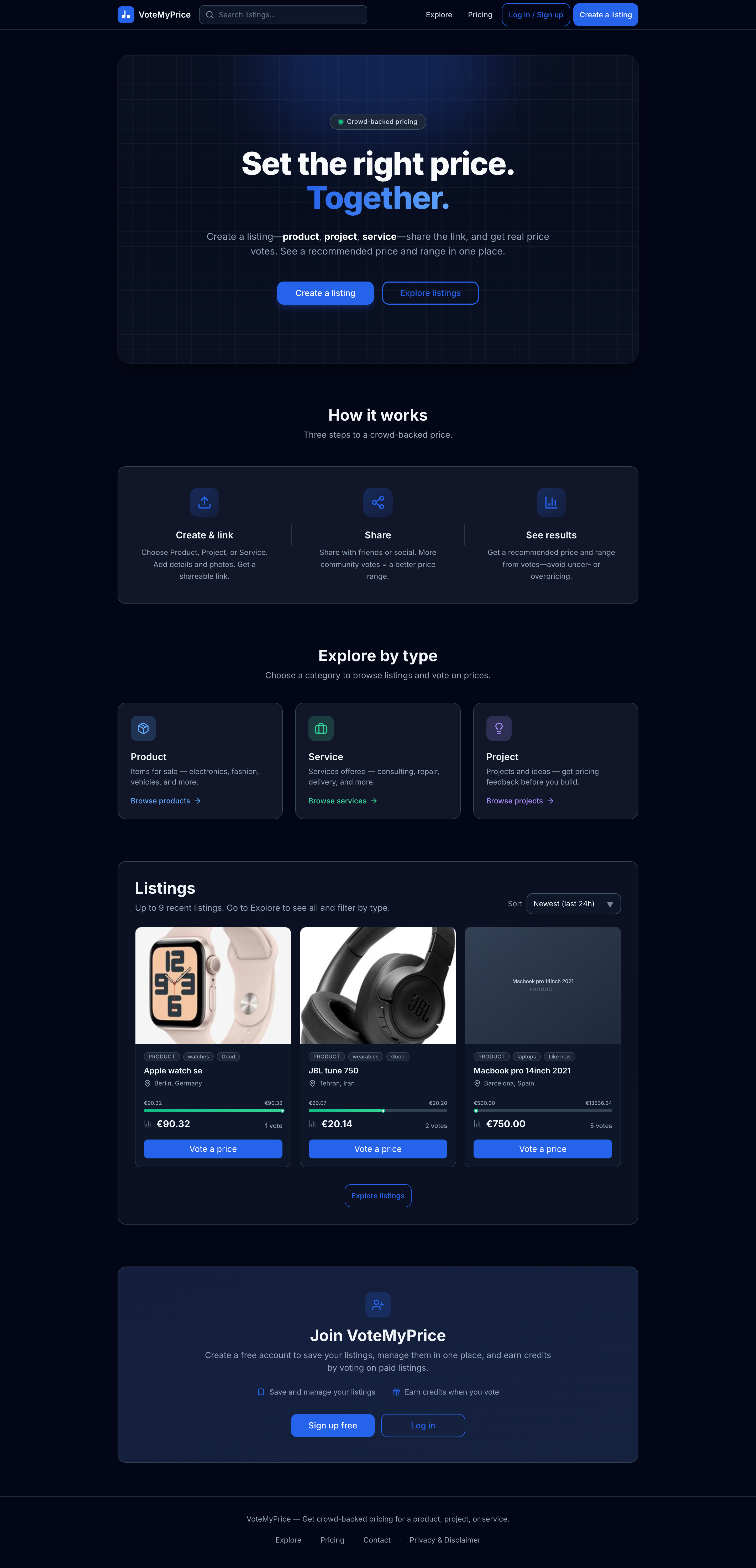 VoteMyPrice - Main product screenshot demonstrating key features and user interface