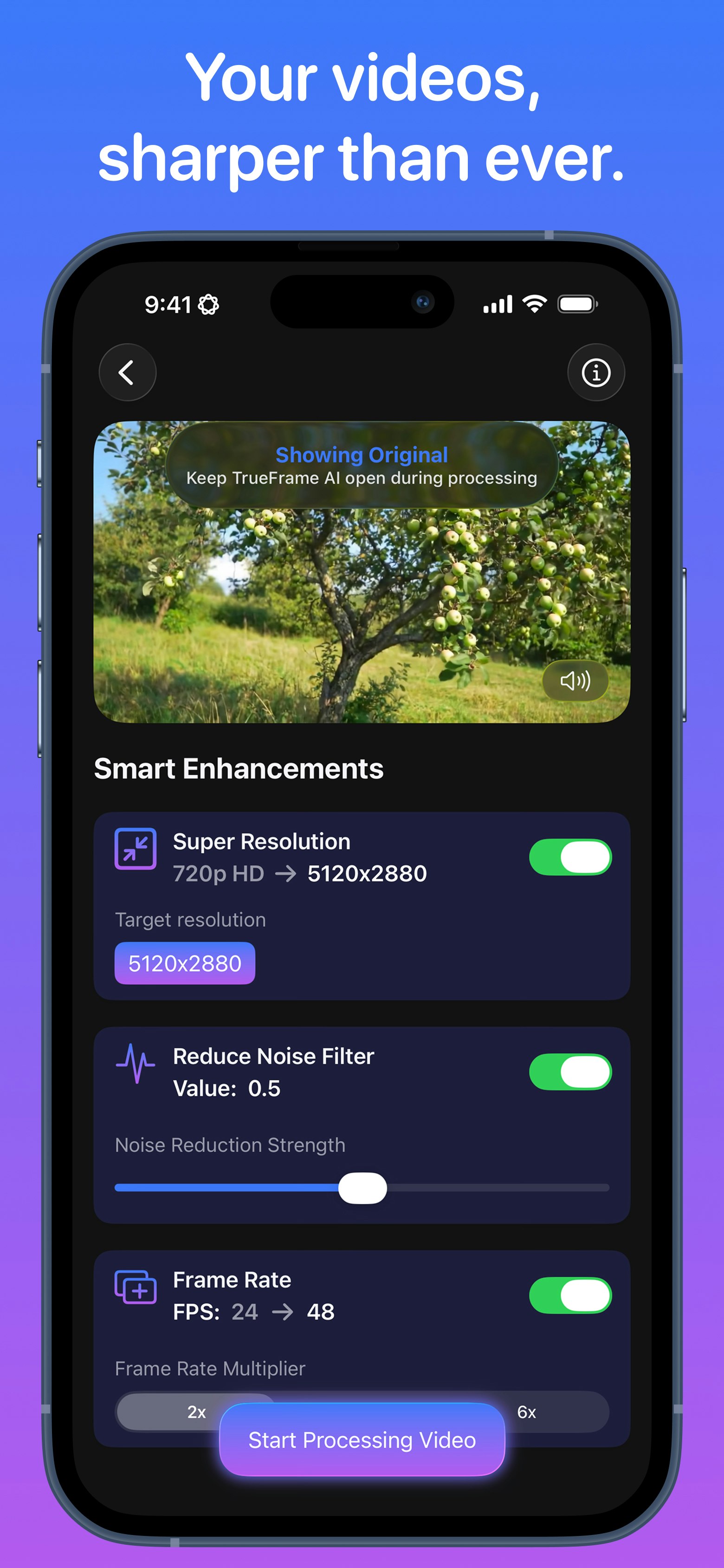 Mídia 1 de IA TrueFrame - Video Enhancer – Upscale, HDR, Nitidez, FPS Suave