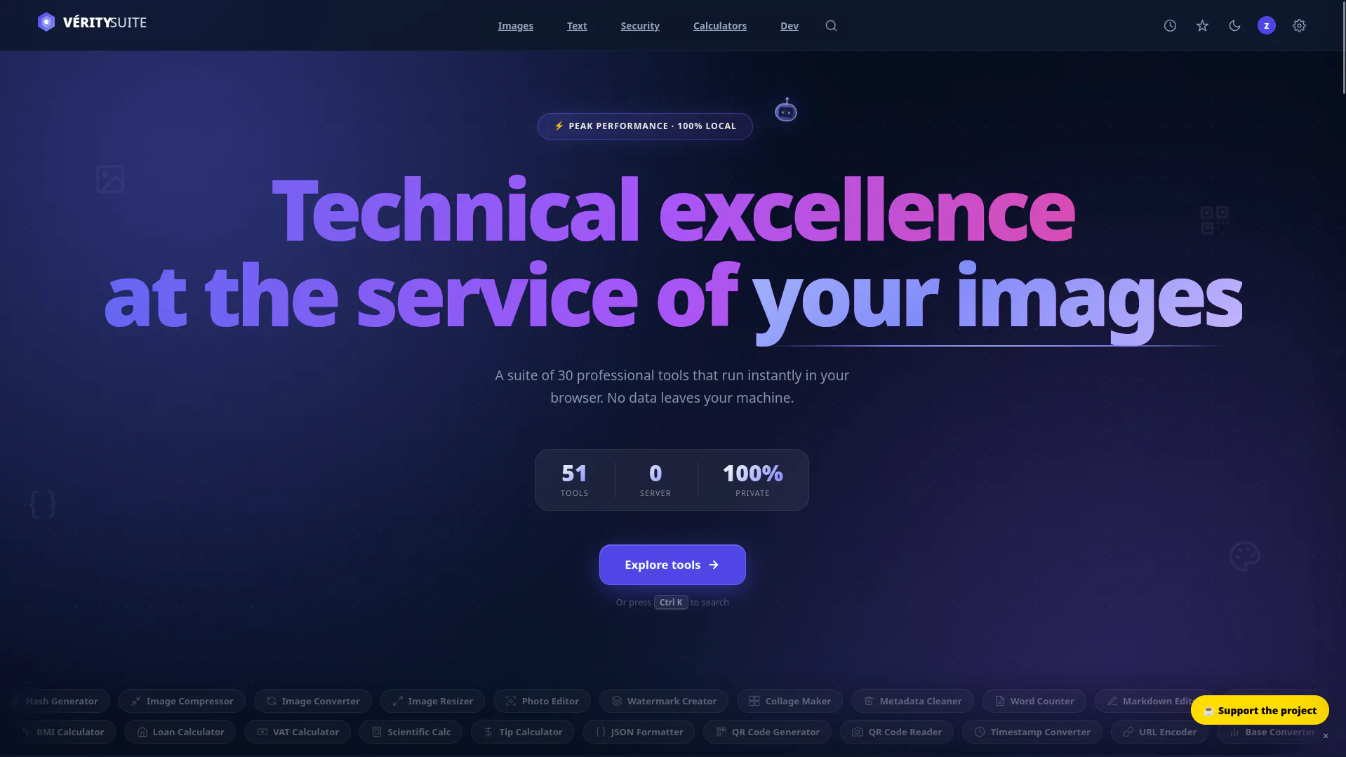 VeritySuite — Web tools & 100% local 제품 배너