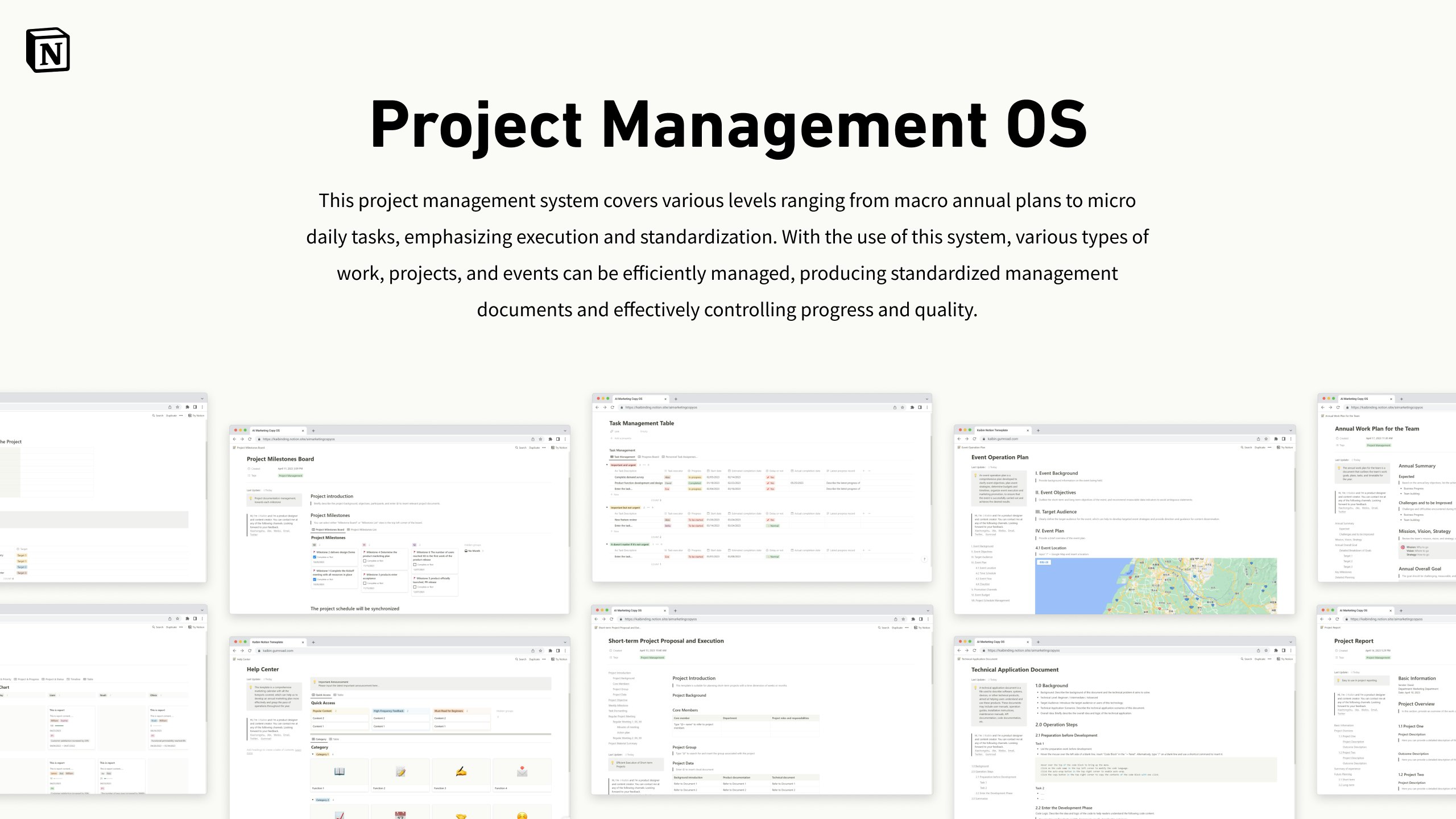Mídia 1 de Notion Project Management OS - Um sistema de gerenciamento de projetos com 14 documentos.